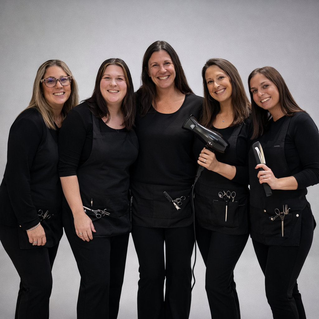 Five salon professionals in black attire pose together, each holding hairstyling tools, with smiles on their faces against a neutral background.